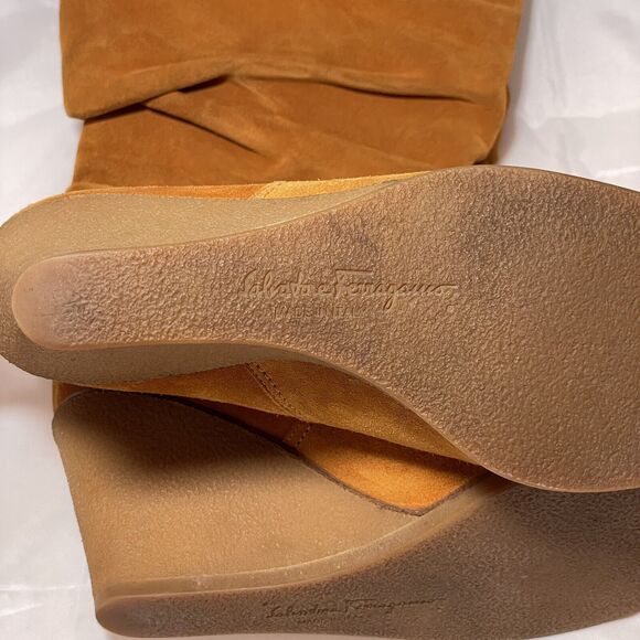 Salvatore Ferragamo Slouch Boots Women Size 8.5 Suede Leather Brown Wedge Heels - Picture 10 of 13